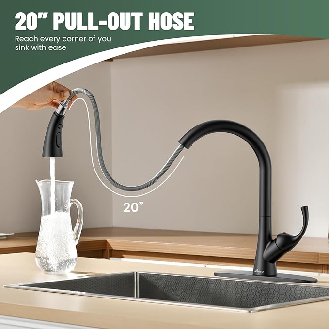 APPASO Black Kitchen Faucet One Hole, 3-Mode Pull Down Sprayer, 360° Swivel, 20-Inch Hose, Single Handle High Arc Matte Black Modern Faucet for 1 or 3-Hole Kitchen Sink, Spot Resist, Easy to Install