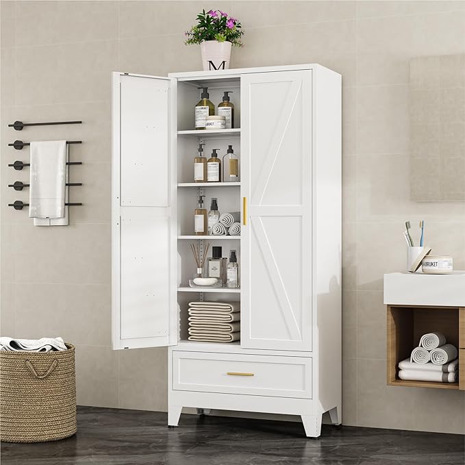 Bevivog Farmhouse Metal Storage Cabinet with 4 Shelves, 71" Tall Shelf Cabinets with 2 Barn Doors & Drawer, 31.5" Wide Storage Cabinet with Doors for Office/Pantry/Bathroom
