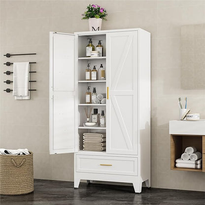 Bevivog Farmhouse Metal Storage Cabinet with 4 Shelves, 71" Tall Shelf Cabinets with 2 Barn Doors & Drawer, 31.5" Wide Storage Cabinet with Doors for Office/Pantry/Bathroom