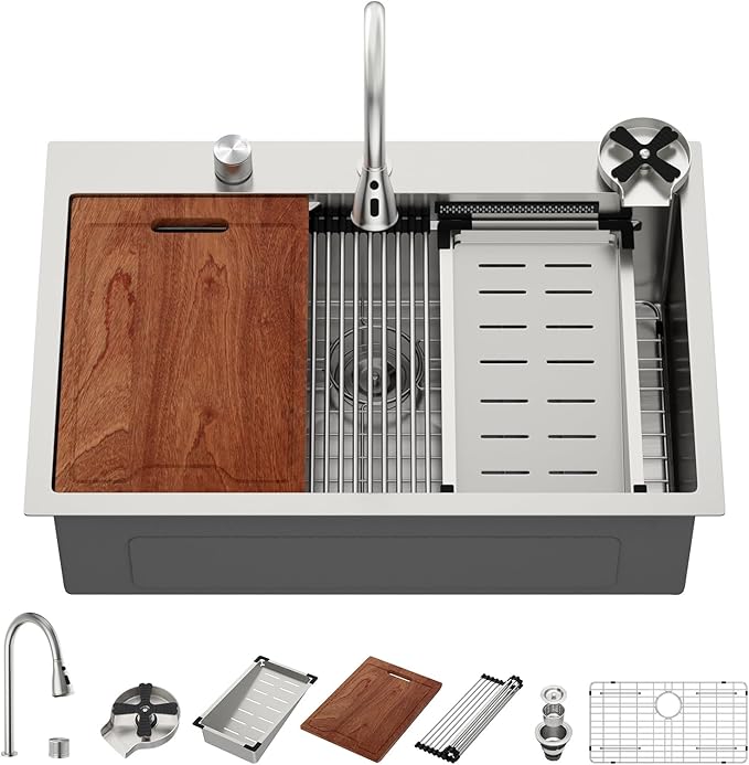 Lordear 33 Drop In Kitchen Sink with Faucet 33x22 Inch Waterfall Kitchen Sinks Topmount Stainless Steel 16 Gauge Single Bowl Workstation Smart Sink