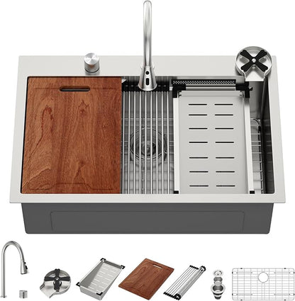 Lordear 33 Drop In Kitchen Sink with Faucet 33x22 Inch Waterfall Kitchen Sinks Topmount Stainless Steel 16 Gauge Single Bowl Workstation Smart Sink