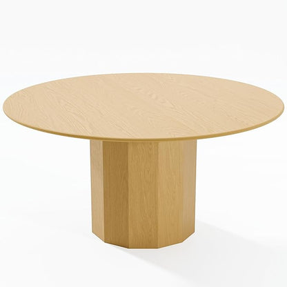Casaphoria 60" Round Dining Table, Modern Wood Kitchen Table with Cylinder Polygonal Base for Living Room & Dining Room, Easy Assembly Farmhouse Furniture for 4-6, Oak