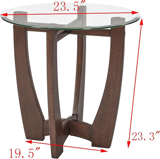 23.5" Round Side Tables, Small Space End Table with Tempered Glass Tabletop, Glass Coffee Table with Cross and Solid Wood Base, Small Night Stand for Living Room Cherry