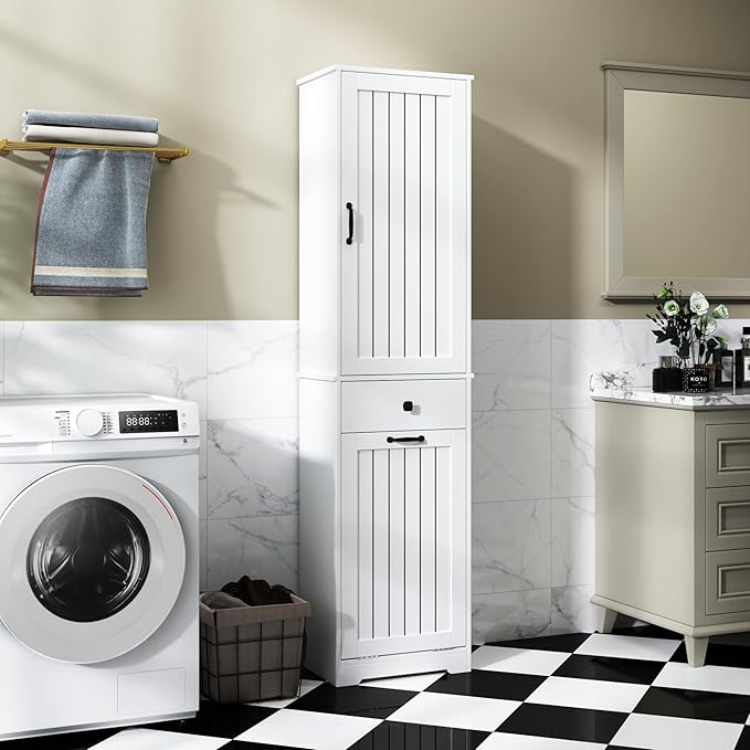 KEIKI 70.87''" Tall Laundry Cabinet, Storage Cabinet with One-Compartment & One-Drawer Tilt-Out for Laundry Room, Bathroom Organizer, White, (Style B)