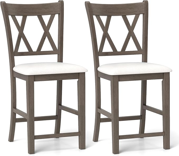 Giantex Wood Bar Stools Set of 2, 24" Counter Height Bar Stools w/Cross Back & Linen Fabric Upholstered Seat, Modern Farmhouse Wooden Barstools for Kitchen Island, Home Bar, Dining Room, Grey & White