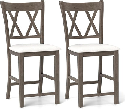 Giantex Wood Bar Stools Set of 2, 24" Counter Height Bar Stools w/Cross Back & Linen Fabric Upholstered Seat, Modern Farmhouse Wooden Barstools for Kitchen Island, Home Bar, Dining Room, Grey & White