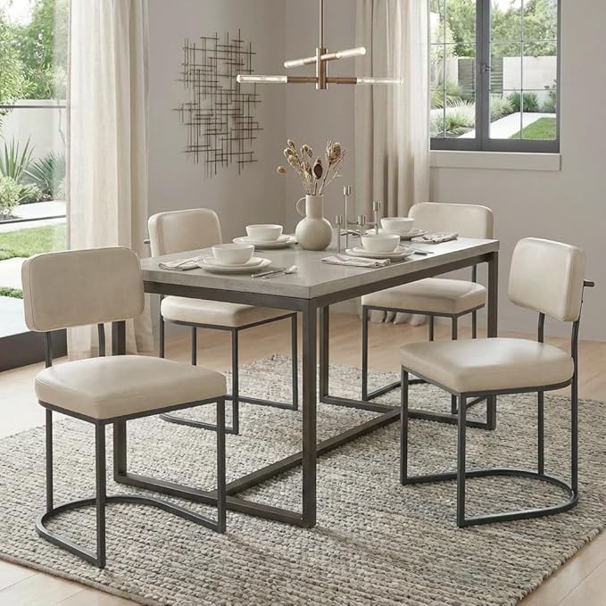KISLOT Dining Chairs Set of 6, Upholstered Modern Kitchen Chairs with Ergonomic Backrest, Faux Leather Cushion Seat & Curve Metal Legs for Living Room, Restaurant, and Café, Beige, 2 Boxs