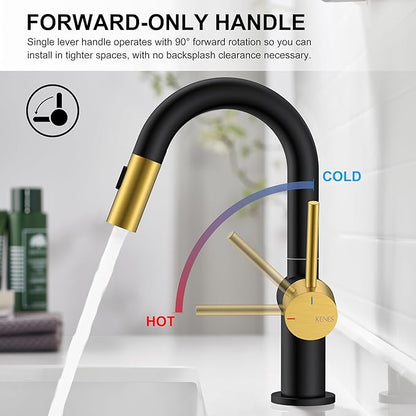 KENES Black and Gold Pull Down Bathroom Faucet 1 Hole, Single Handle Bathroom Sink Faucet with Pull Out Sprayer, Vanity Faucet with Pop Up Drain & Deck Plate, KE-9065B-BG
