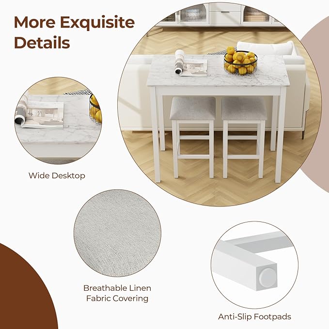 COSTWAY 3-Piece Dining Table Set, Counter-Height Bar Table with 2 Upholstered Bar Stools, Rubber Wood Legs, Anti-Slip Foot Pads, Modern Furniture Set for Dining Room, Kitchen, White+Grey