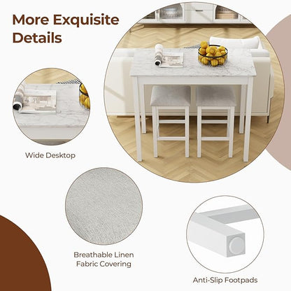 COSTWAY 3-Piece Dining Table Set, Counter-Height Bar Table with 2 Upholstered Bar Stools, Rubber Wood Legs, Anti-Slip Foot Pads, Modern Furniture Set for Dining Room, Kitchen, White+Grey