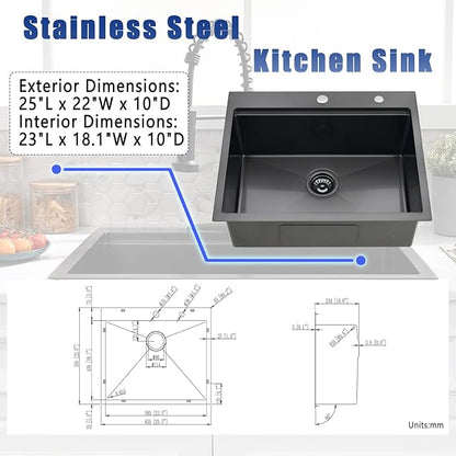 25x22 Black Drop In Kitchen Sink with Faucet Combo - 25 Inch Stainless Steel Workstation Kitchen Sink and Faucet Combo Set, Single Bowl Drop In Sinks Black with Accessories
