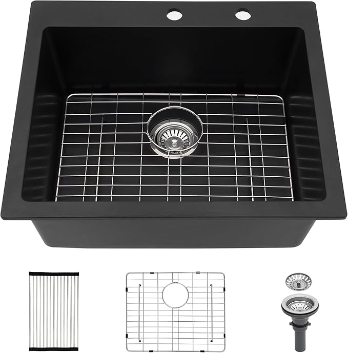 Kichae 25 Granite Composite Kitchen Sink - 25"x22" Grainte Quartz Drop In Topmount Black Deep Single Bowl Basin