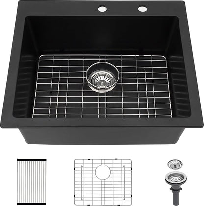 Kichae 25 Granite Composite Kitchen Sink - 25"x22" Grainte Quartz Drop In Topmount Black Deep Single Bowl Basin