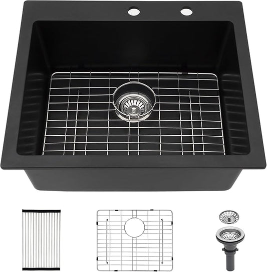 Kichae 25 Granite Composite Kitchen Sink - 25"x22" Grainte Quartz Drop In Topmount Black Deep Single Bowl Basin