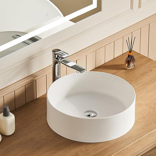 Cpingao 17.7 Inch Round Bathroom Vessel Sink, Above Counter Circle Matte Stone Countertop Modern Sink Art Basin for Lavatory Vanity Cabinet