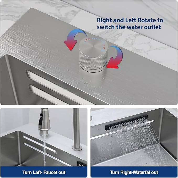 Sarlai 31 Inch Waterfall Kitchen Sink Drop In - 31x20 Waterfall Sink Ledge Workstation Stainless Steel 16 Gauge Multifunction Single Bowl Top Mount Kitchen Basin with Faucet Combo