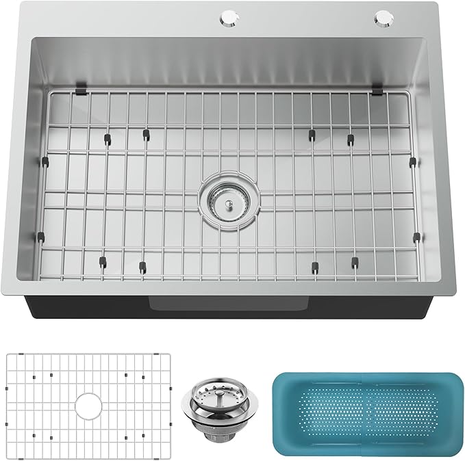 30x22 Inch Stainless Steel Kitchen Sink - Drop In Single Bowl Topmount Modern Large Kitchen Sink With SS Grid, Colander,Drain Strainer Set Compatibility With Various Kitchen&Bar Style