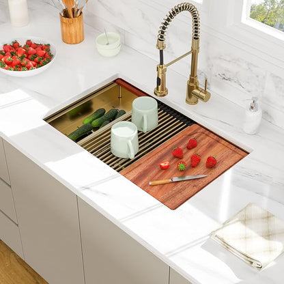 30x19 Undermount Gold Kitchen Sink - Beslend Stainless Steel Ledge Workstation Kitchen Sinks Gold Sink 16 Gauge Single Bowl Undermount Basin