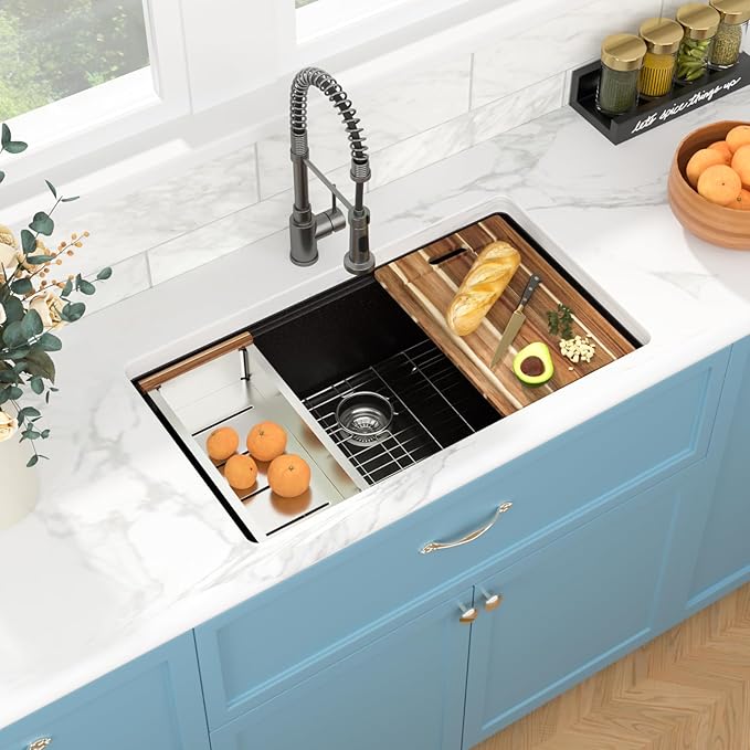 Sarlai 33 Granite Composite Kitchen Sink - 33 x 19 Inch Granite Undermount Kitchen Sink Ledge Workstation Under-Mount White Quartz Classic Single Bowl Sinks Under Counter Basin With Accessories
