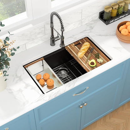 Sarlai 33 Granite Composite Kitchen Sink - 33 x 19 Inch Granite Undermount Kitchen Sink Ledge Workstation Under-Mount White Quartz Classic Single Bowl Sinks Under Counter Basin With Accessories