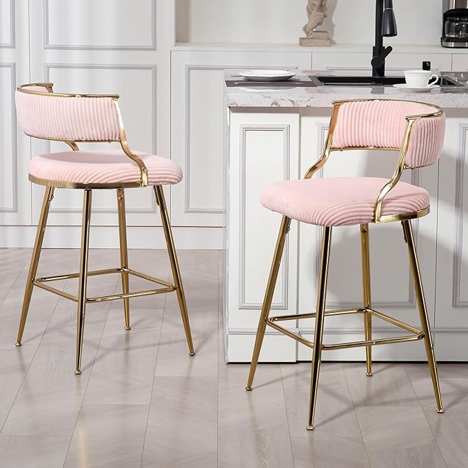 (Set of 2) 26'' Counter heightstools Corduroy Kitchen Island Counter Stool with Back,Golden Chromed Base and footrest,for Living Room