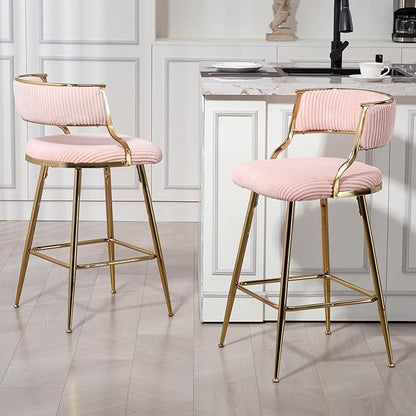 (Set of 2) 26'' Counter heightstools Corduroy Kitchen Island Counter Stool with Back,Golden Chromed Base and footrest,for Living Room
