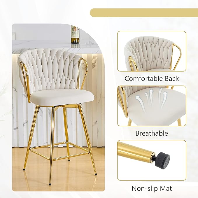 Velvet Upholstered Bar Stools Set of 2,Counter Height Bar Stools Set of 2, Modern Barstools for Kitchen Island, Cafe, Pub