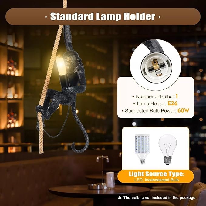 Vintage Monkey Pendant Light, Retro Resin Hemp Rope Monkey Lamp, Creative Monkey Chandelier E26 for Dining Living Room Bedroom Bar Cafe Decorative Hanging Lamp, Black (Black)