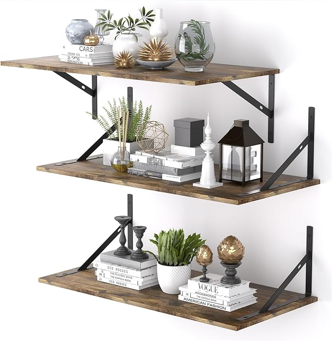 Deep Floating Shelves for Wall Set of 3, 24W x 12 Inch Deep Floating Shelves, Wide Floating Wall Mounted Shelves for Living Room, Kitchen, Office, Bedroom, Bathroom, Laundry Room