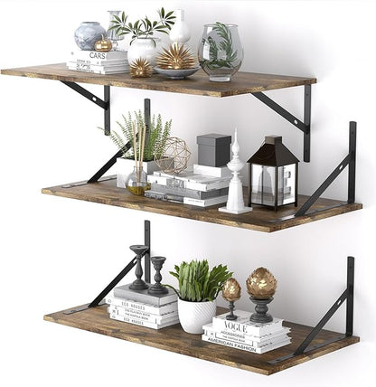 Deep Floating Shelves for Wall Set of 3, 24W x 12 Inch Deep Floating Shelves, Wide Floating Wall Mounted Shelves for Living Room, Kitchen, Office, Bedroom, Bathroom, Laundry Room