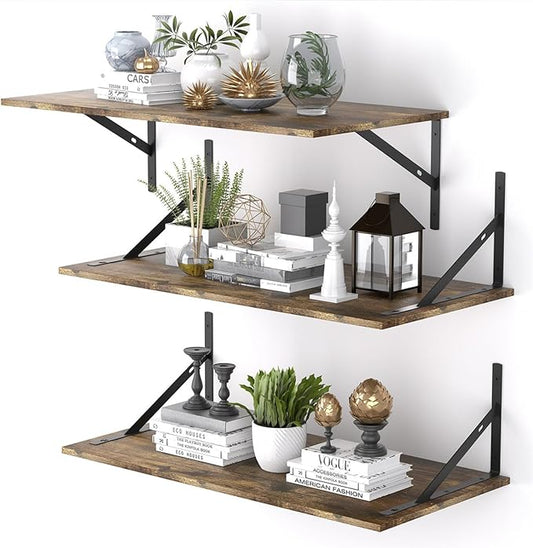 Deep Floating Shelves for Wall Set of 3, 24W x 12 Inch Deep Floating Shelves, Wide Floating Wall Mounted Shelves for Living Room, Kitchen, Office, Bedroom, Bathroom, Laundry Room