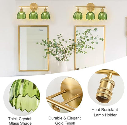 Gold Bathroom Light Fixtures Over Mirror, 3 Light Bathroom Vanity Light Fixture with Tulip Green Glass Lampshade, Vintage Vanity Lights for Bathroom, Bathroom Vanity Lights Over Mirror