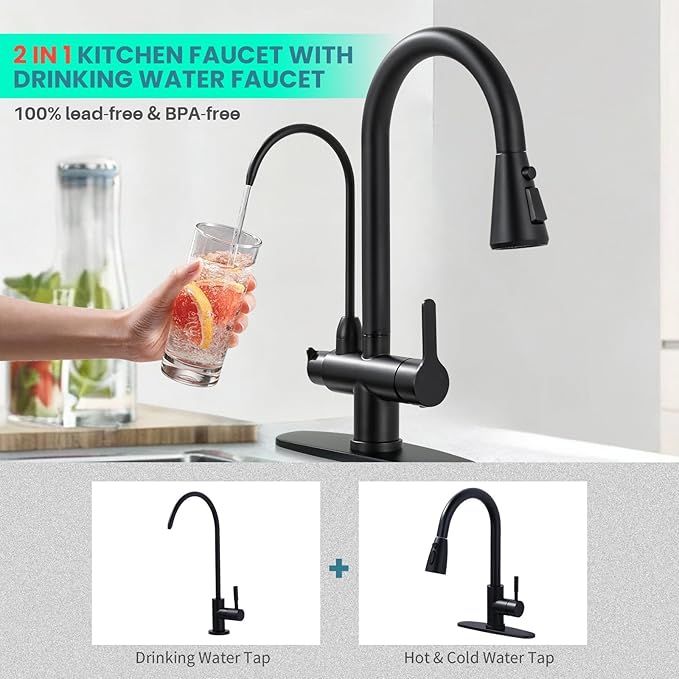 Kitchen Faucet with Water Filter Faucet, Black Stainless Steel Drinking Water Faucet, High Arc 2 Handle Kitchen Sink Faucet with Pull Down Sprayer for Kitchen Sink Farmhouse Bar
