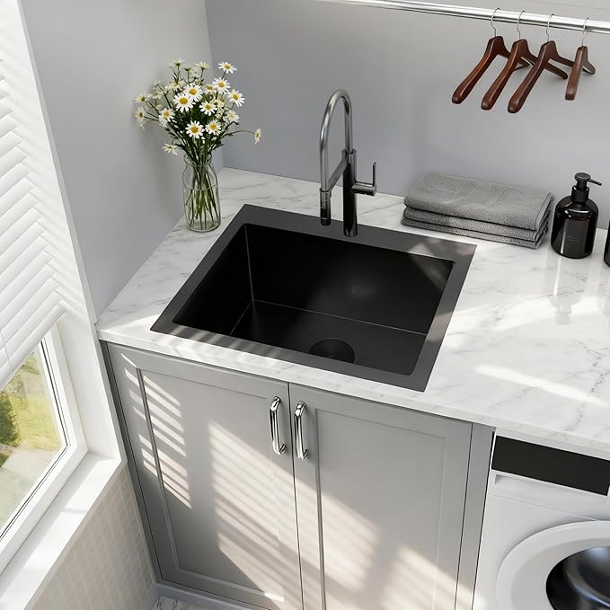 Black Kitchen Sink 25"x22",Drop In Laundry Utility Sink,25 Inch Black Sink 16 Gauge Stainless Steel,Top Mount Single Bowl Deep Kitchen Sinks