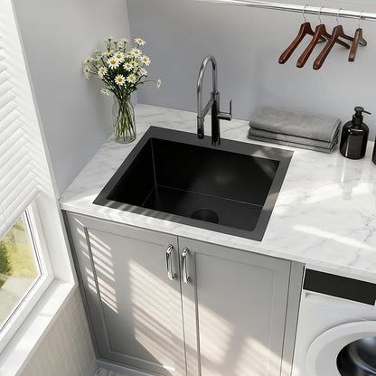 Black Kitchen Sink 25"x22",Drop In Laundry Utility Sink,25 Inch Black Sink 16 Gauge Stainless Steel,Top Mount Single Bowl Deep Kitchen Sinks