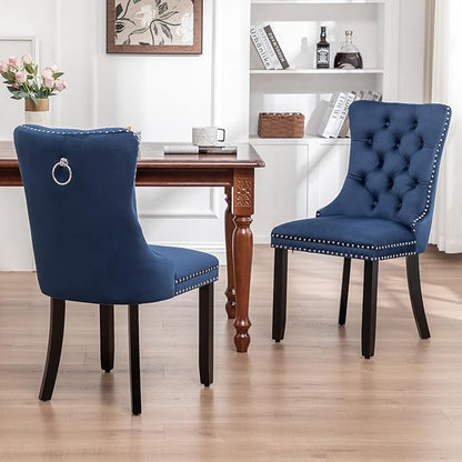 Eifizek Velvet Dining Chairs Set of 2, Tufted Dining Room Chairs with Nailhead Ring Pull Trim, Upholstered Dining Chairs with Solid Wood Legs for Kitchen Dining Room (Blue)