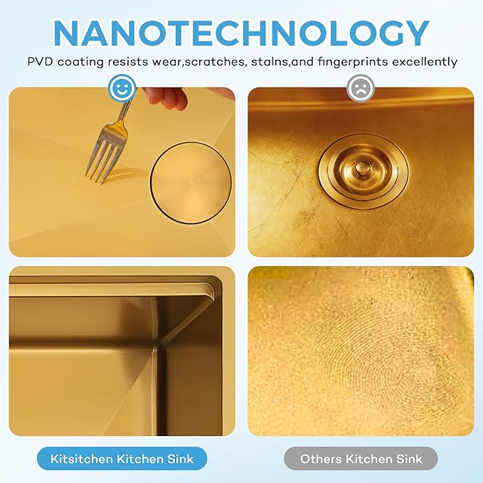 Kitsitchen Gold Undermount Kitchen Sink 23 Inch,16 Gauge Stainless Steel Single Bowl Undermount Sink,Workstation Kitchen Sinks with Accessories,Round Corner & Offset Drain Design (23" X 18"X 10")
