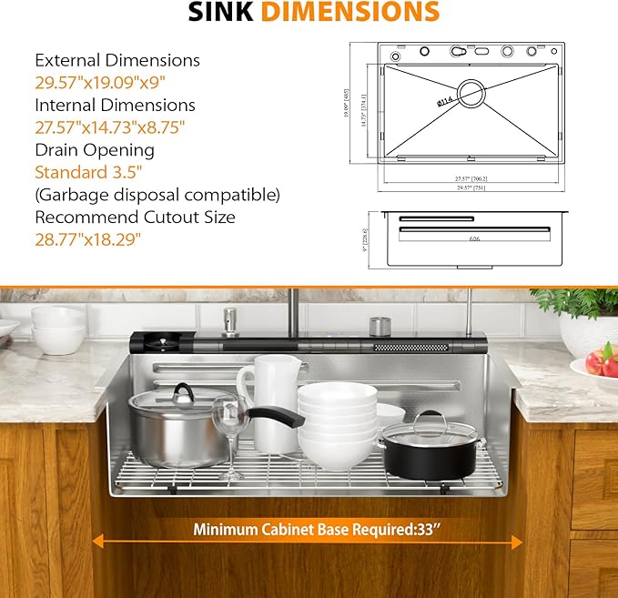 Mocoloo 30 Inch Honeycomb Waterfall Kitchen Sink Drop in, 30x19 Inch Stainless Steel Workstation Sink 16 Gauge Topmount Single Bowl LED Display Sink with Complete Kit