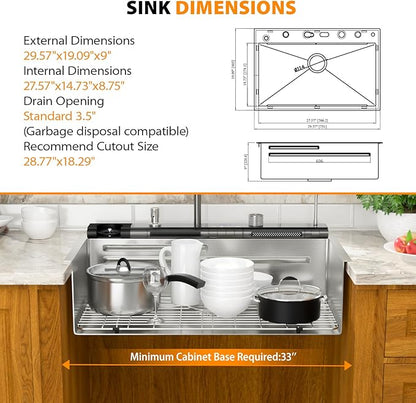 Mocoloo 30 Inch Honeycomb Waterfall Kitchen Sink Drop in, 30x19 Inch Stainless Steel Workstation Sink 16 Gauge Topmount Single Bowl LED Display Sink with Complete Kit