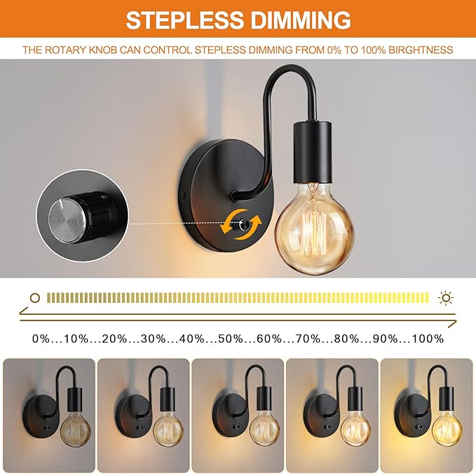 Vintage Dimmble Wall Lights Set of Two, Black Wall Sconces E26 Industrial Wall Lamps Retro Wall Lighting Hard Wired Sconces Lighting for Mirror Bedroom Living Room Kitchen Hallway