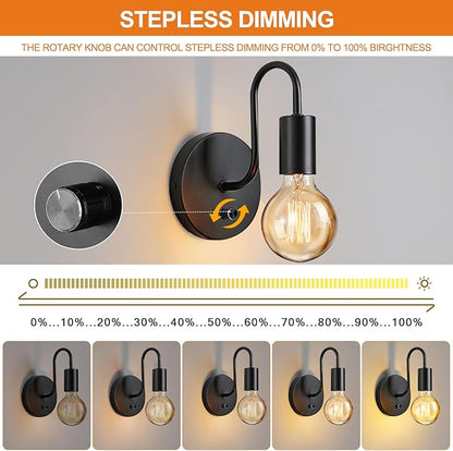 Vintage Dimmble Wall Lights Set of Two, Black Wall Sconces E26 Industrial Wall Lamps Retro Wall Lighting Hard Wired Sconces Lighting for Mirror Bedroom Living Room Kitchen Hallway