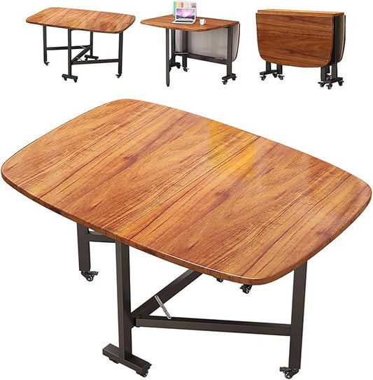 Drop Leaf Kitchen Dining Table with Wheels, Solid Wooden Foldable Kitchen Table, Multifunction Expandable Folding Table for Small Spaces Kitchen, Bedroom, Living Room, Brown, Seats 4-8 People, Stable(