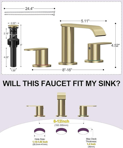 Homevacious Brushed Gold Bathroom Faucet 3 Hole 8 Inch Widespread Waterfall Bathroom Sink Faucets 2 Handles with Pop-up Drain and Supply Lines for Bath Vanity Commercial Lavatory Rv Restroom