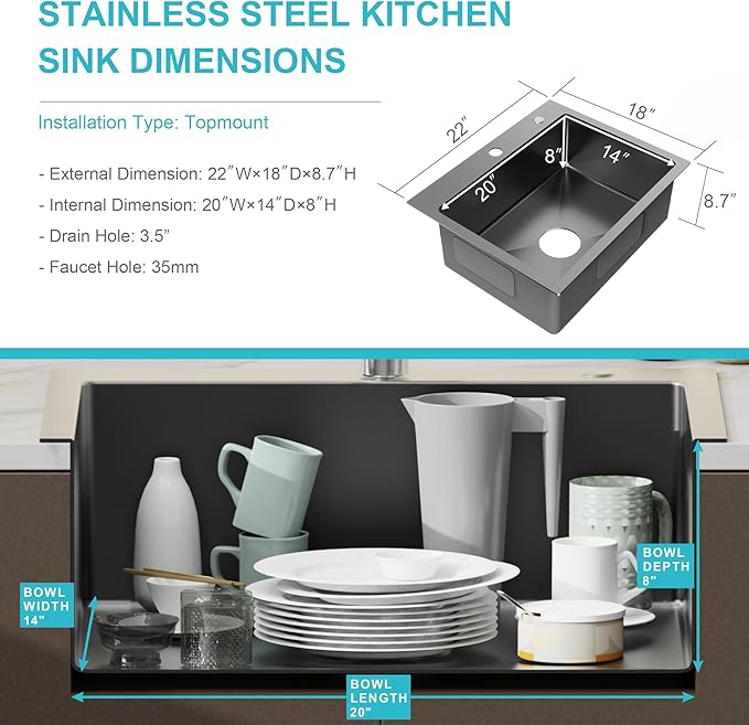 22" x 18" Drop in Kitchen Sink 304 Stainless Steel Single Bowl Topmount Bar Sink with Drain Kit and Bottom Grid, Black
