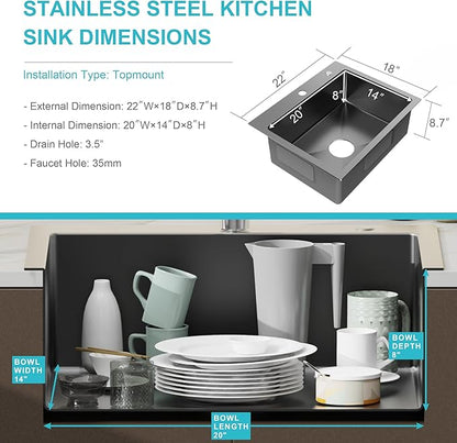 22" x 18" Drop in Kitchen Sink 304 Stainless Steel Single Bowl Topmount Bar Sink with Drain Kit and Bottom Grid, Black