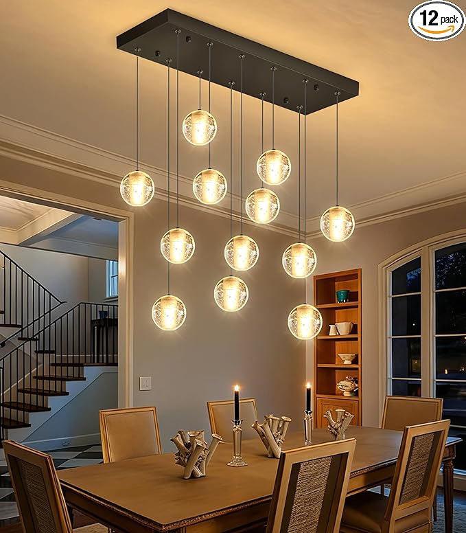 HAIXIANG Rectangular Chandelier with LED Light Bulbs Bubble Crystal Glam Chandeliers for Dining Room High Ceiling Pendant Lighting Fixtures Interior Living Room Lighting Black