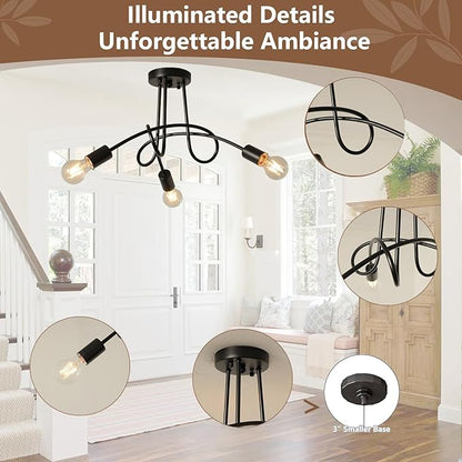 Modern Farmhouse Chandelier,22 Inch 3 Light Sputnik Semi Flush Mount Ceiling Light, Metal Black Rustic Light Fixture for Dining Room Bedroom Kitchen Hallway Entryway