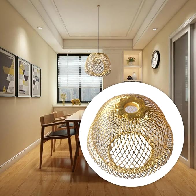 Iron Wire Lampshade Pendant Light Lamp Cover Hanging Light Fixture Retro Style Chandelier Shade Mesh Lamp Shade for Cafe Bar Home Decoration, Gold