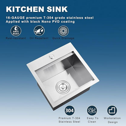 Doirteal 15 x 15 inch Drop-in Kitchen Sink, 16 Gauge Stainless Steel Single Bowl Bar Prep Sink, 9 Inch Deep Compact Topmount Sink for Apartment, RV and Small Spaces, Brushed Silver