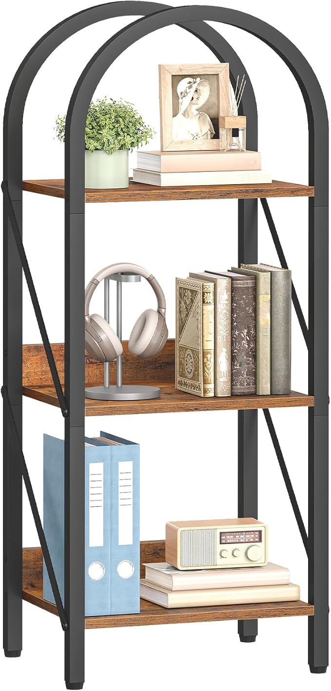 HOOBRO Bookshelf, 3-Tier Bookshelf Arched Display Racks, Industrial Bookcase with Metal Frame, Book Shelf Storage Organizer for Living Room, Office, Bedroom, Rustic Brow and Black BF423SJ01